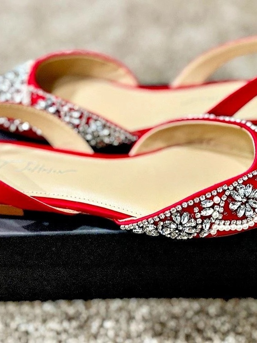 Betsey Johnson Rhinestone Pointed-Toe Slingback Flats in Red & Silver